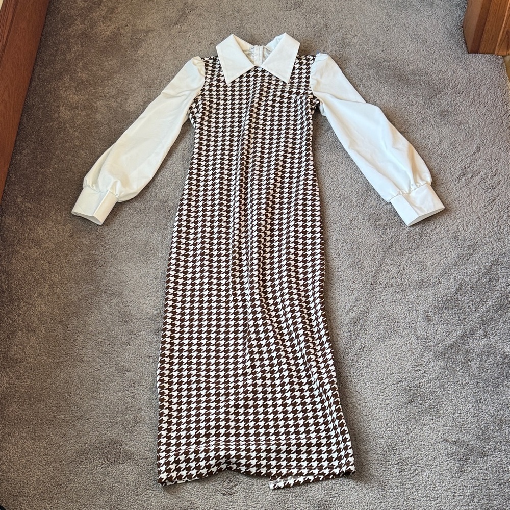 SHEIN Brown White Houndstooth Collared Long Sleeve Midi Dress Preppy SIZE S